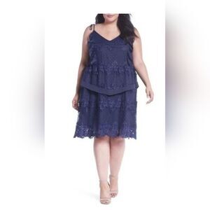 New Lost Ink Layer Floral Lace Spaghetti Strap Navy Blue Dress Plus 1X Fairy